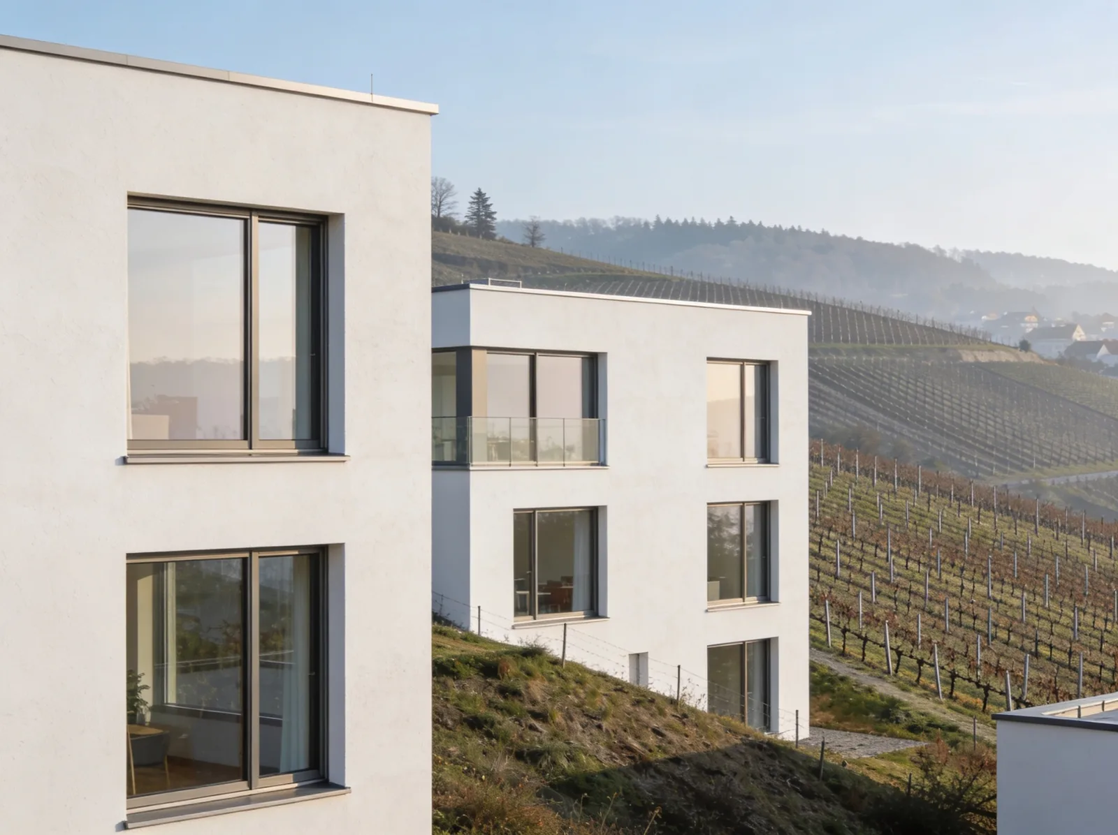 Modernes Wohnhaus in Stuttgarter Hanglage im Morgenlicht