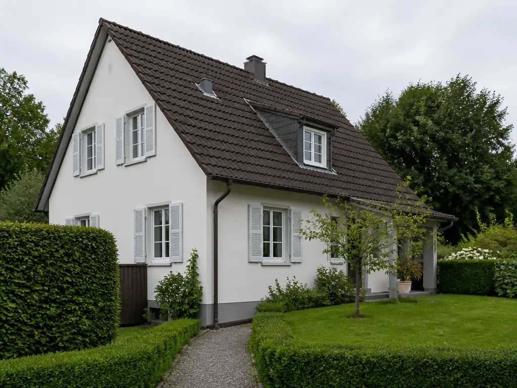 Gepflegtes weißes Einfamilienhaus mit Fensterläden und Vorgarten